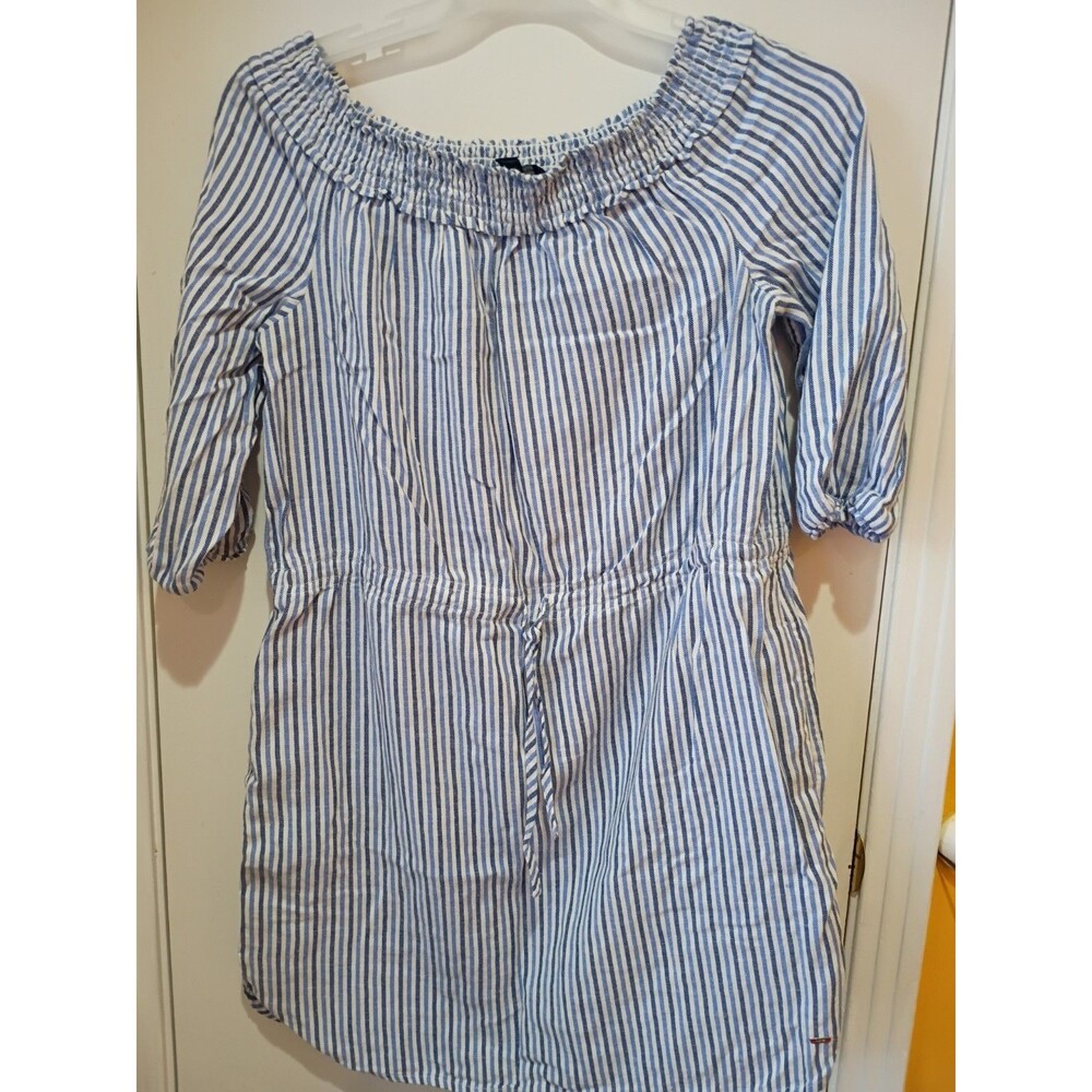 Tommy Hilfiger Off Shoulder Dress Drawstring Waist, Pockets,Blue Stripes, M